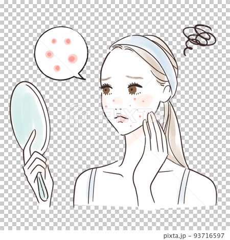鏡を見る女性のイラスト　ニキビが気になる 93716597