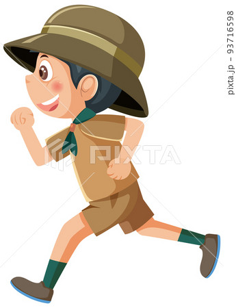 Cute boy scout cartoon character playing guitar running 93716598