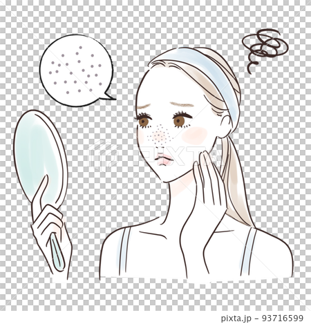 Illustration of a woman looking in the mirror Concerned about pores Illustration of a woman looking in the mirror Concerned about pores 93716599