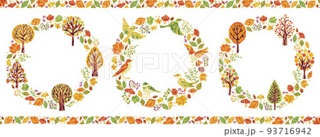 秋の紅葉の木々と小鳥のイラスト丸フレームセット 93716942