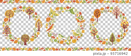 秋の紅葉の木々と小鳥のイラスト丸フレームセット 93716942