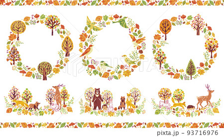 秋の紅葉の木々と小鳥と動物のイラスト丸フレームセット 秋の紅葉の木々と小鳥と動物のイラスト丸フレームセット 93716976