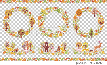 秋の紅葉の木々と小鳥と動物のイラスト丸フレームセット 秋の紅葉の木々と小鳥と動物のイラスト丸フレームセット 93716976