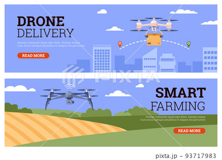Drone delivery and smart farming web banners set, flat vector illustration. 93717983