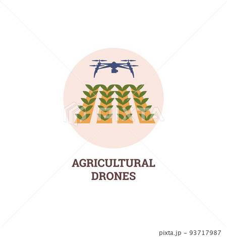Agricultural drone flying over the field, infographic icon, flat vector illustration isolated on white background. Agricultural drone flying over the field, infographic icon, flat vector illustration isolated on white background. 93717987