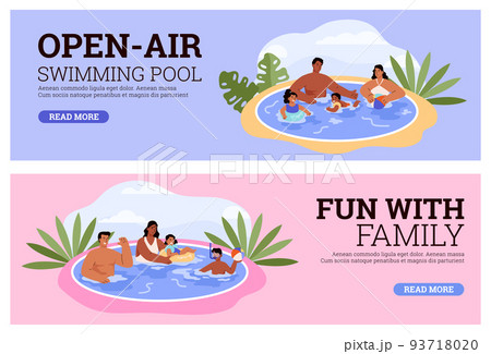 Set of website banners with happy families in swimming pools flat style Set of website banners with happy families in swimming pools flat style 93718020