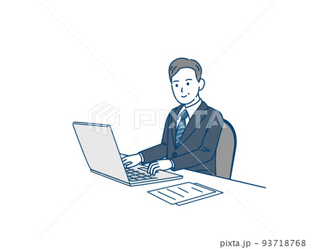 ノートパソコンを使う　スーツ姿の男性　中年　ミドル　会社員　ビジネスマン　イラスト 93718768