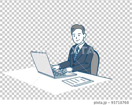 ノートパソコンを使う　スーツ姿の男性　中年　ミドル　会社員　ビジネスマン　イラスト 93718768
