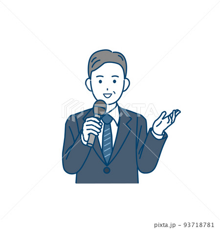 マイクを持って話す　スーツ姿の男性　中年　ミドル　　ビジネスマン　演説　講演　イラスト 93718781