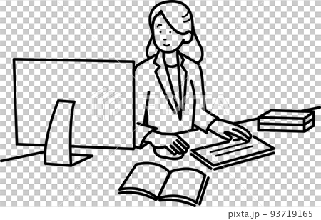 Illustration material of a woman working at a desk line drawing only Illustration material of a woman working at a desk line drawing only 93719165