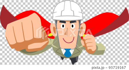 A man wearing work clothes wearing a helmet wearing a cloak and flying 93719167