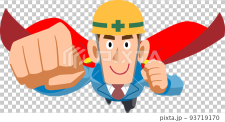 一名男子在建築工地穿著藍色工作服，披著斗篷飛翔 93719170