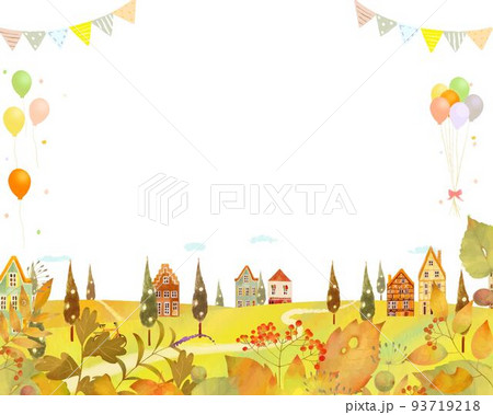 秋の紅葉した葉っぱのある景色と風船のかわいいレトロな街並みの北欧風ベクターフレーム白バック背景素材 秋の紅葉した葉っぱのある景色と風船のかわいいレトロな街並みの北欧風ベクターフレーム白バック背景素材 93719218