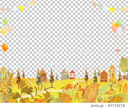 秋の紅葉した葉っぱのある景色と風船のかわいいレトロな街並みの北欧風ベクターフレーム白バック背景素材 秋の紅葉した葉っぱのある景色と風船のかわいいレトロな街並みの北欧風ベクターフレーム白バック背景素材 93719218