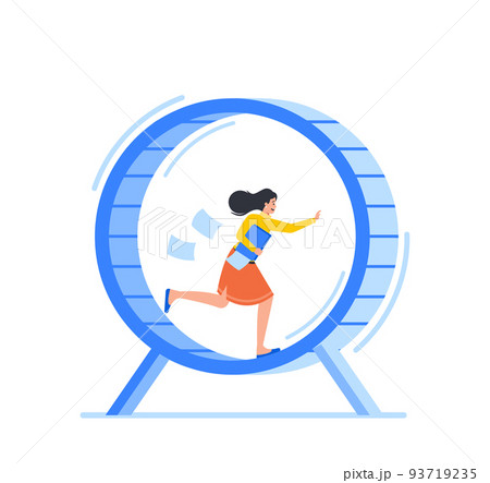 Rat Race Business Concept with Exhausted and Stressed Businesswoman Running in Hamster Wheel Trying to be on Time Rat Race Business Concept with Exhausted and Stressed Businesswoman Running in Hamster Wheel Trying to be on Time 93719235