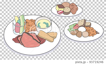 料理のイラスト【食事・ビュッフェ・パン・ローストビーフ・野菜・パスタ・ランチ・バイキング・】 93719246