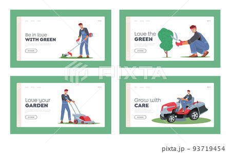 Worker Mow Lawn and Cutting Plants in Garden Landing Page Template Set. Man Gardener Use Trimmer Caring Home Backyard Worker Mow Lawn and Cutting Plants in Garden Landing Page Template Set. Man Gardener Use Trimmer Caring Home Backyard 93719454