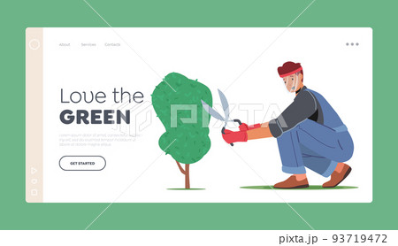 Yardwork Maintenance Landing Page Template. Man Cut Hedge in Orchard Doing Gardener Works Prune Shrub with Scissors 93719472