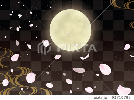 夜桜と金の波と満月の和風背景 93719795