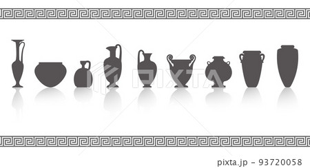 Greek vases silhouettes. Ancient amphoras and pots glyph illustration. Clay ceramic earthenware. Vector. 93720058