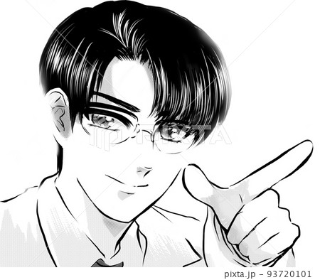 イケメン黒髪眼鏡先生指さし提案する白黒漫画イラストのイラスト素材