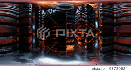 360 degree full panorama environment map of abstract dark futuristic tower building interior with glowing red light 3d render illustration hdri hdr vr virtual reality content 93720624
