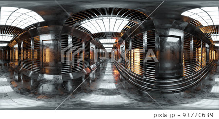 360 degree full panorama environment map of dark abstract tehcnology space station floor with red and blue light 3d render illustration hdri hdr vr virtual reality content 93720639