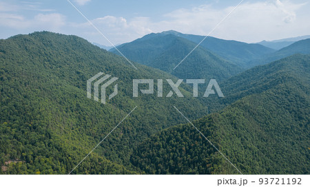 Aerial mountain landscape and river natural scenery in Russia, Adygea, Guzeripl, Plateau Lago-Naki. 93721192