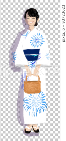 浴衣を着た女性の水彩絵具風手書きイラスト 93723023