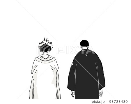 一礼（おじぎ）をする和装の新郎新婦、角隠し、モノトーン 93723480