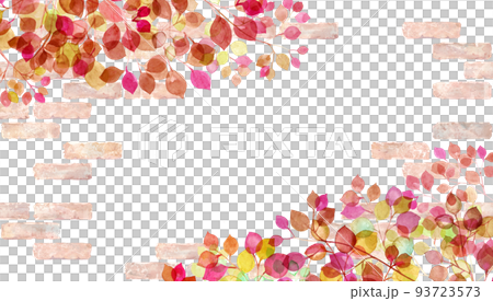 秋葉水彩插圖反對天然磚牆背景。秋冬植物裝飾框架。 93723573