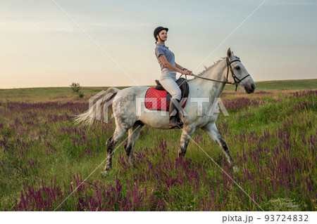 Horsewoman jockey in uniform riding horse outdoors Horsewoman jockey in uniform riding horse outdoors 93724832
