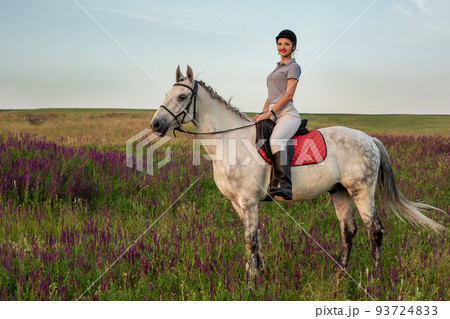 Horsewoman jockey in uniform riding horse outdoors Horsewoman jockey in uniform riding horse outdoors 93724833