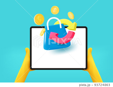 Man using tablet computer for online shopping. Cash back concept. 3d vector Man using tablet computer for online shopping. Cash back concept. 3d vector 93724863