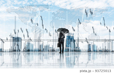 Elegant businessman standing with back and looking at modern business cityscape. Mixed media 93725013