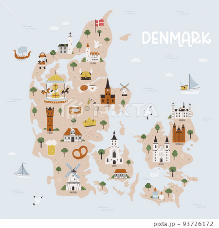 Vector illustration of map of Denmark with famous cities and destinations 93726172