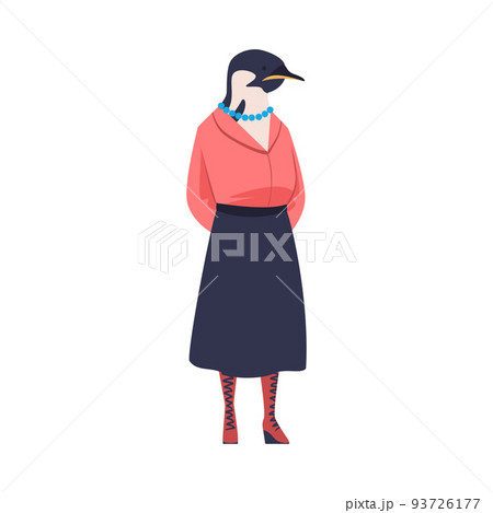 Penguin as Office Employee Wearing Skirt and Blouse as Formal Corporate Suit Standing Vector Illustration 93726177