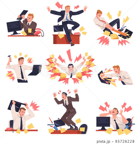 Furious Man Office Employee with Fierce Face Crashing and Breaking Everything Around Vector Set Furious Man Office Employee with Fierce Face Crashing and Breaking Everything Around Vector Set 93726228