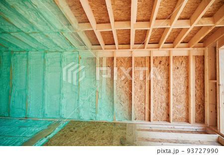 Photo collage before and after thermal insulation room in wooden frame house in Scandinavian style barnhouse. Comparison of walls sprayed by polyurethane foam. Construction and insulation concept. Photo collage before and after thermal insulation room in wooden frame house in Scandinavian style barnhouse. Comparison of walls sprayed by polyurethane foam. Construction and insulation concept. 93727990