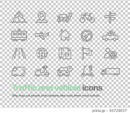 Simple line drawing icon set about transportation and travel. Ships, maps, cars, bicycles, motorcycles, trucks, etc. 93728037