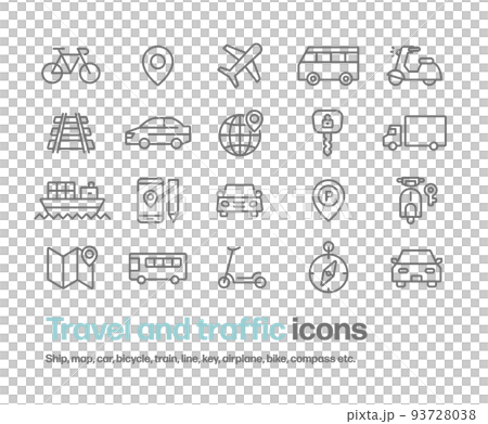 Illustration set of vehicles such as cars and bicycles and icons related to transportation such as tracks, maps, and compasses Illustration set of vehicles such as cars and bicycles and icons related to transportation such as tracks, maps, and compasses 93728038