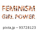 Feminism elements and text set. Feminist colored elements on a white background. Design of women's textile t-shirt. Vector illustration. 93728123