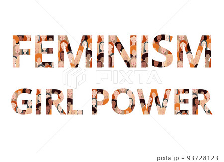 Feminism elements and text set. Feminist colored elements on a white background. Design of women's textile t-shirt. Vector illustration. 93728123