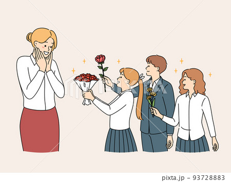 Children in uniform greeting happy teacher Children in uniform greeting happy teacher 93728883