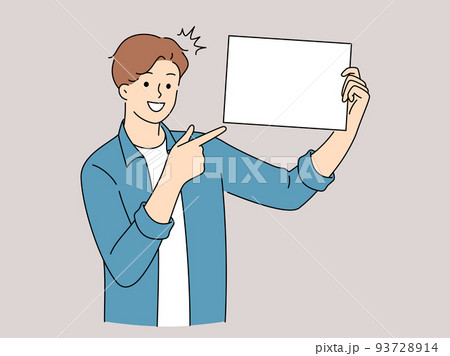 Smiling point at white placard 93728914