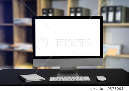 Stylish workspace with blank screen desktop computer at office background. 93730054