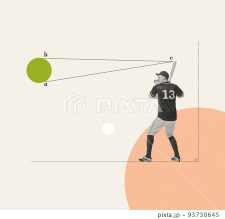 Contemporary art collage. Creative colorful design with young man playing baseball, returning ball with bat. 93730645