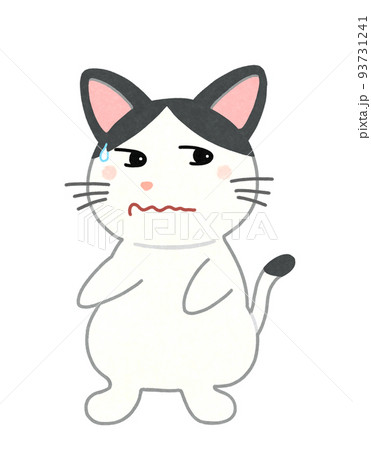 焦っている猫のイラスト　輪郭＝一部実線＆カラー　白黒ハチワレ猫 93731241