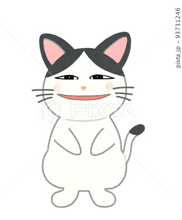 薄ら笑いの猫のイラスト　輪郭＝一部実線＆カラー　白黒ハチワレ猫 93731246