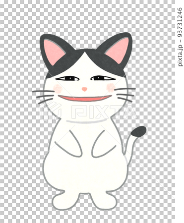 薄ら笑いの猫のイラスト　輪郭＝一部実線＆カラー　白黒ハチワレ猫 93731246